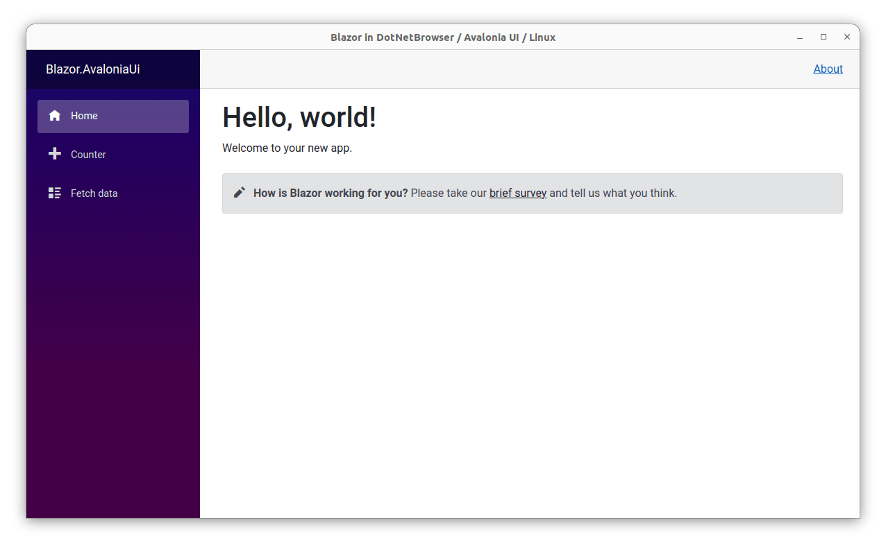 Aplicativo Blazor Hybrid na interface do usuário do Avalonia no Linux
