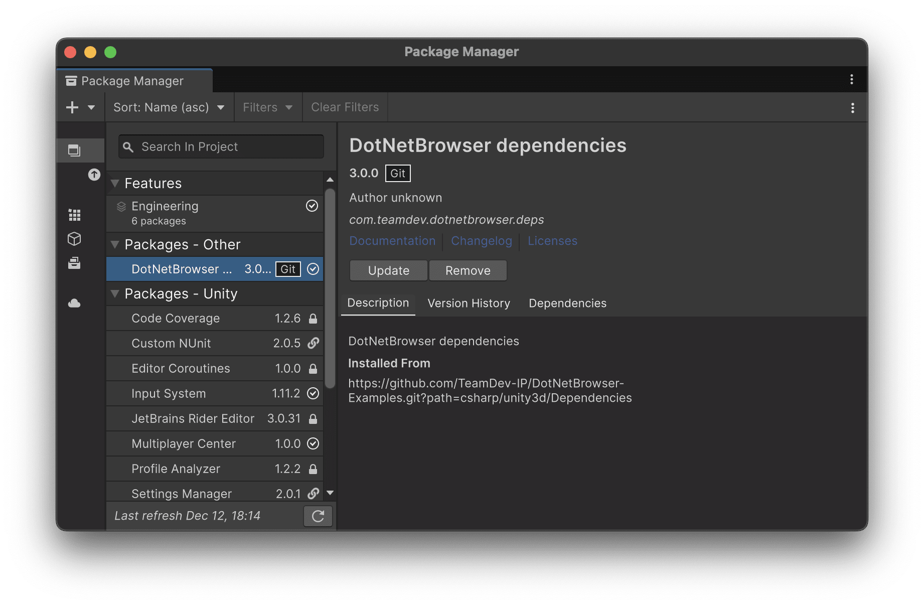 O Package Manager com o pacote de dependências do DotNetBrowser instalado.