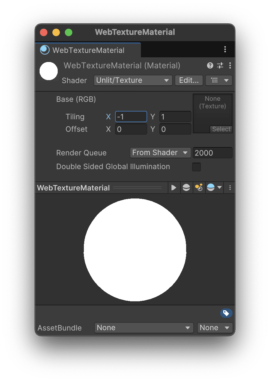 O WebTextureMaterial com &ldquo;Tiling X&rdquo; definido para -1.