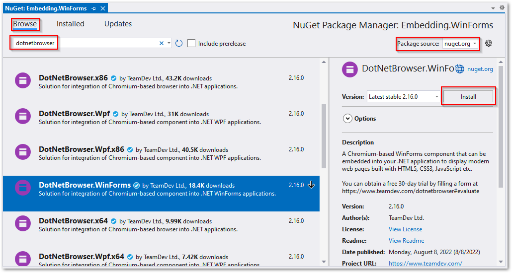 Pacote WinForms