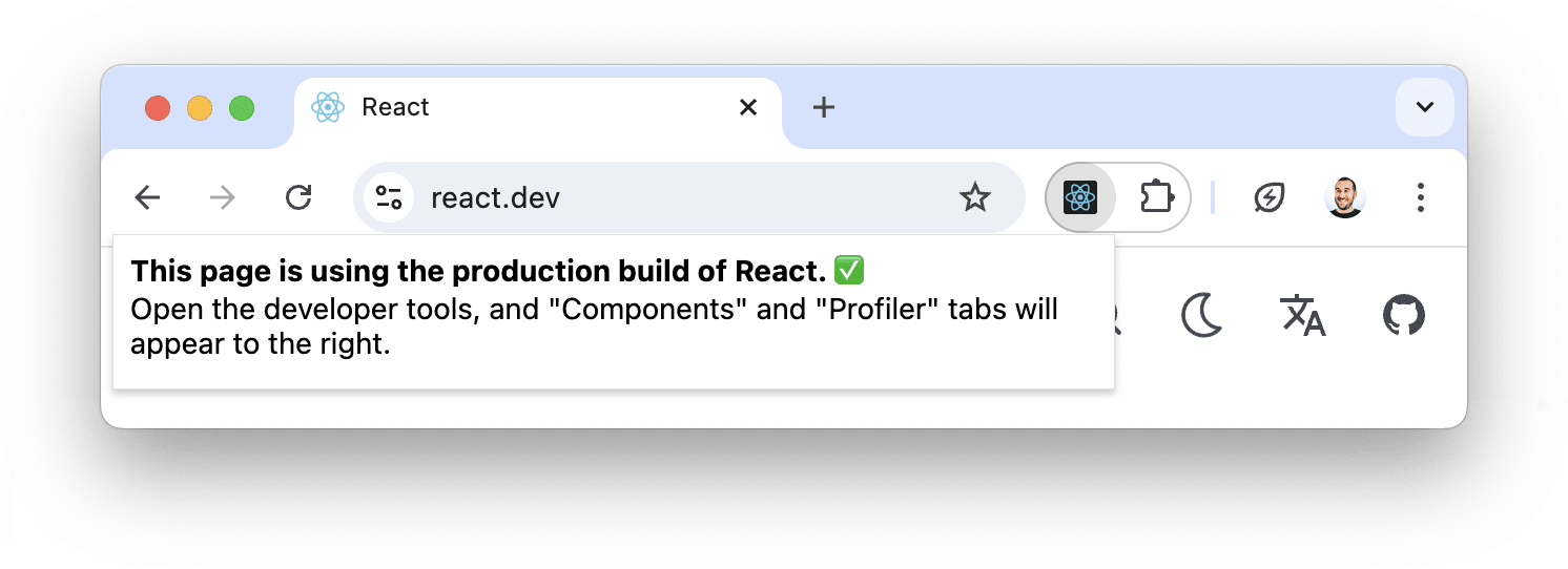 Janela pop-up de ação do React DevTools