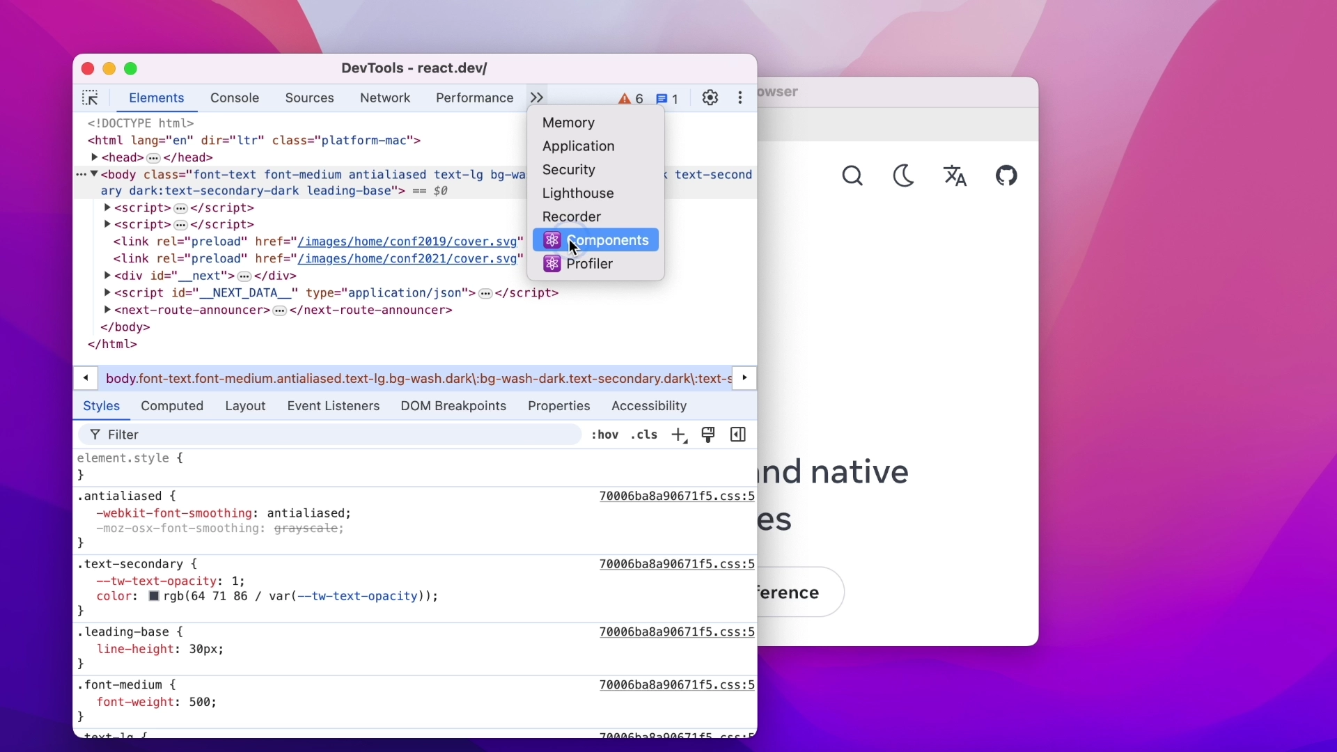 Capturas de tela de DevTools com extensões React abertas