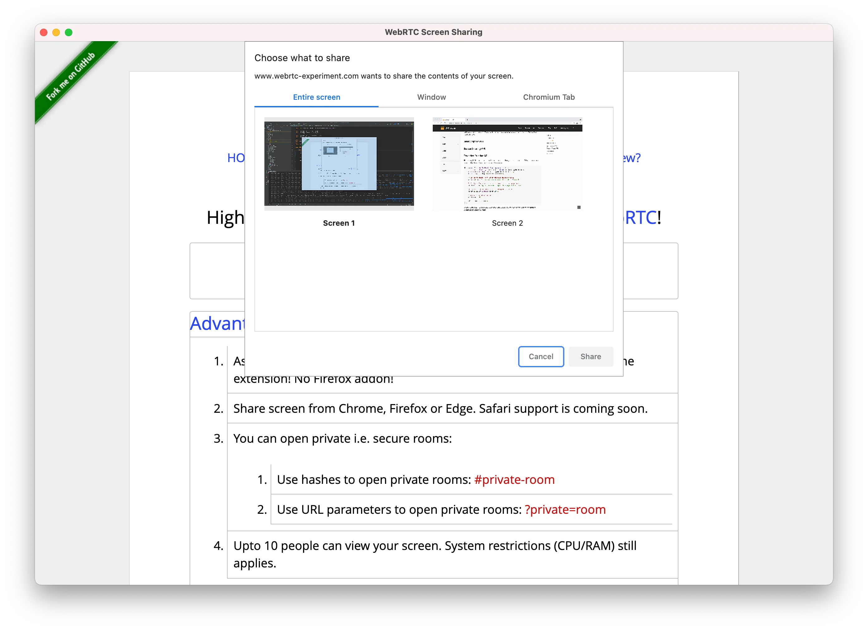 WebRTC Diálogo Compartilhamento de Tela